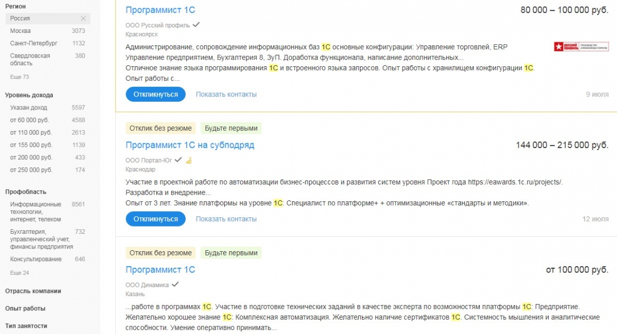 1С-программист / разработчик – уровень зарплат и количество вакансий