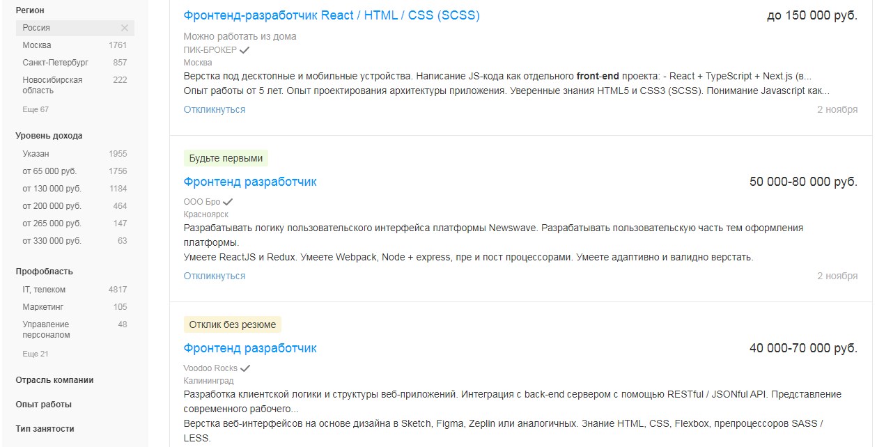Frontend-разработчик / developer - уровень зарплат и количество вакансий